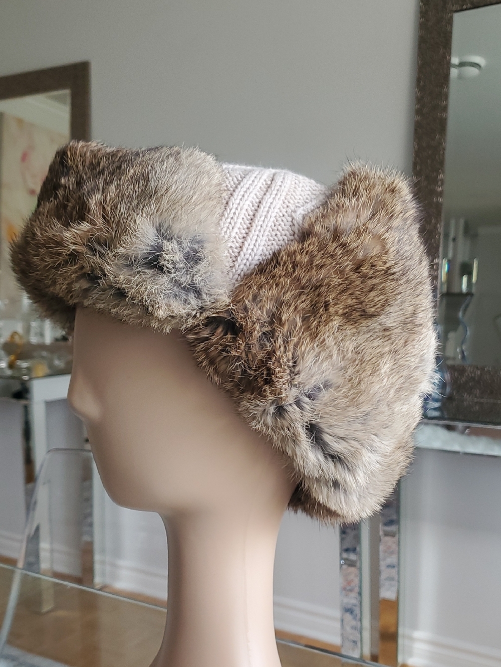 Real Rabbit Fur Cable Knit Trapper Hat - Picture 9 of 11